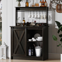 Farmhouse Coffee Bar Cabinet with 6 Hooks, Coffee Bar Hutch with Storage, Buffet Cabinet with Sliding Barn Door, Coffee Bar Table with Adjustable Shel by Gracie Oaks