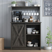 Farmhouse Coffee Bar Cabinet with 6 Hooks, Coffee Bar Hutch with Storage, Buffet Cabinet with Sliding Barn Door, Coffee Bar Table with Adjustable Shel by Gracie Oaks