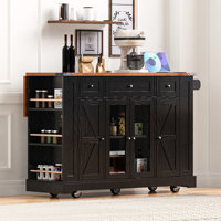 Farmhouse Kitchen Island with Two Tempered Glass Cabinet Doors, Drop Leaf, 5 Open Side Racks, 3 Drawers by Ophelia & Co.