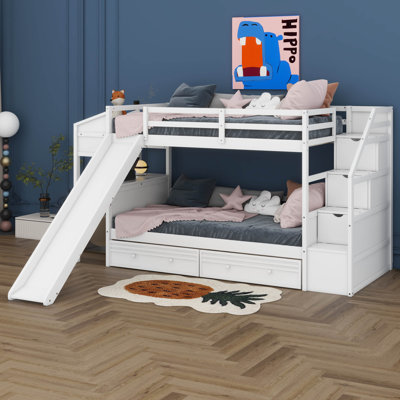 Twin Over Twin Bunk Bed With Stairs, Slide, Desk, Solid Wood Bunk Bed With Storage Drawers And Shelves, For Kids Teens Adults by Harriet Bee