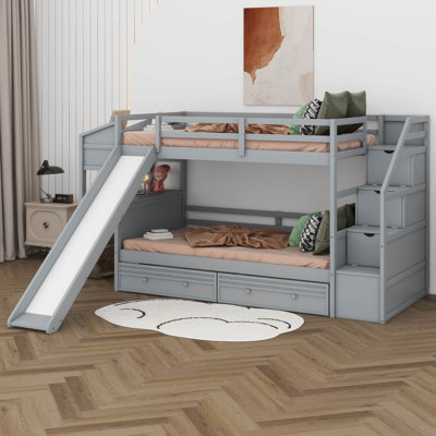 Twin Over Twin Bunk Bed With Stairs, Slide, Desk, Solid Wood Bunk Bed With Storage Drawers And Shelves, For Kids Teens Adults by Harriet Bee
