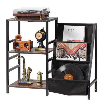 3 Tiers Record Player with LED Light & USB Ports Vinyl Shelf Black by 17 Stories