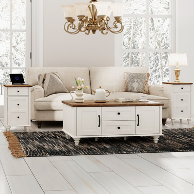 2 Piece Coffee Table Set With Two End Tables & One Coffee Table, Off White by Alcott Hill
