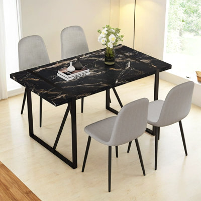 Modern Black Marble-Pattern MDF Dining Table Set - 55"x31.4", with 4 Light Gray Linen Chairs by George Oliver