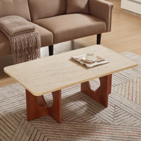 42" Modern Travertine Textured Coffee Table – Rectangular Wabi-sabi Stone Top & Natural Rubberwood Legs, Minimalist Center Coffee Table For Living Roo by Latitude Run