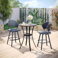 3-Piece Outdoor Bistro Set with Round Bar Table and Wicker Padded Swivel Bar Chairs by Lark Manor