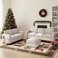 Modern Sofa And Loveseat Set - Durable 3-Piece Living Room Furniture, Sturdy L-Shaped Sectional Couch With Storage Ottoman, Space-Saving Design For Ap
