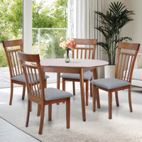 Dining Table Set for 4, Classic Style Solid Wood Warm Chairs w Extendable Round Table, Kitchen Room Set, White Color w Gray Fabric by Winston Porter