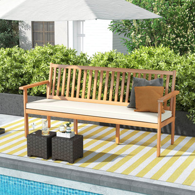 Outdoor 3-seat Wood Bench 64 Inches Extra Long Acacia Chair With Seat Cushion by Winston Porter