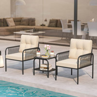 3 PCS Patio Bistro Set with Tempered Glass Table Chairs Back and Seat Cushions by Ebern Designs