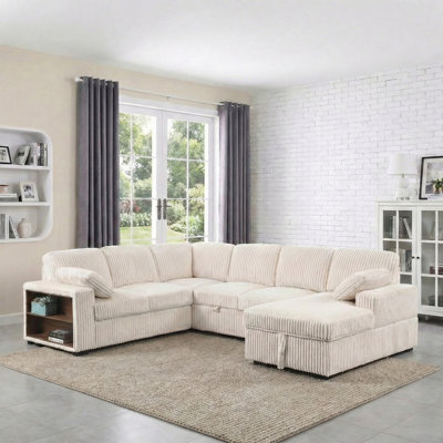 116" Corduroy Sectional Sofa Couch with Pull Out Twins Bed Sleeper Sofa and Chaise with storage by Latitude Run
