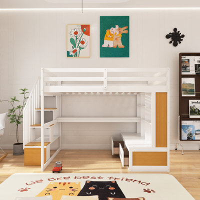 Full Size Loft Bed With Desk And Shelves, Two Built-In Drawers, Storage Staircase by Harriet Bee