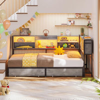 Corner Bed Frame With Storage Bookcase And Led Lights, Daybed With 2 Underneath Storage Drawers And Charging Station For Living Room,bedroom & Guest R by Wrought Studio