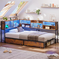 Corner Bed Frame With Storage Bookcase And Led Lights, Daybed With 2 Underneath Storage Drawers And Charging Station For Living Room,bedroom & Guest R by Wrought Studio