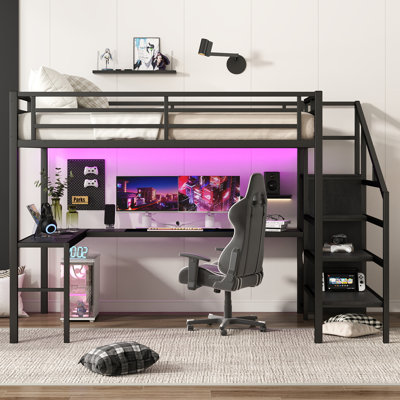 Space‑Saving Metal Loft Bed with L‑Shaped Desk, Wardrobe, USB Charging & Adjustable Shelf – Queen by Isabelle & Max