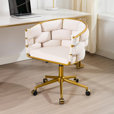 Vanity Chair with Gold Base, Velvet Hand Woven Desk Office Chair with Wheels, Comfy Makeup Chair