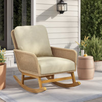 Outdoor Rattan Rocking Chair, Upholstered Leisure Accent Armchair, Durable Wood Frame, Patio Relax Rocker Lounge Chair by Bay Isle Home
