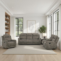 Huson Traditional Manual Reclining 3-Piece Living Room Set with Textured Microfiber Upholstery, Tab Pull Motion & Foam over Pocket Coils Comfort