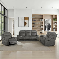 Huson Traditional Manual Reclining 3-Piece Living Room Set with Textured Microfiber Upholstery, Tab Pull Motion & Foam over Pocket Coils Comfort