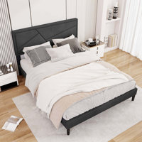 Bed Frame with High Headboard & Wooden Slats No Box Spring Needed