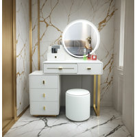 Luxury Led Vanity Table With Storage & Gold Accents – Modern Makeup Desk With Mirror & Stool Hannah Vanity With Mirror And Stool by Everly Quinn