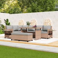 5-Piece PE Wicker Outdoor Conversation Set with Extendable Side Tables and Comfortable Cushions by Latitude Run