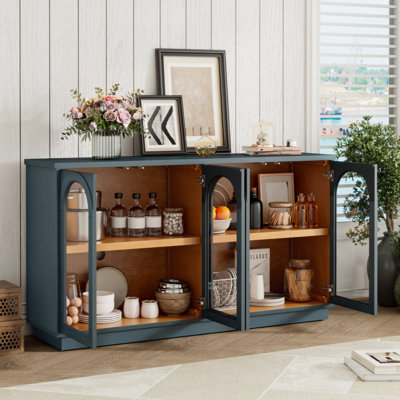 4-Door Large Storage Buffet Cabinet With Glass Doors, Arched Cabinet With Adjustable Shelves For Kitchen, Dining Room And Living Room by Lark Manor