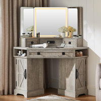 48" Corner Vanity with 3-Sided LED Mirror and Built-in Charging Station by Gracie Oaks
