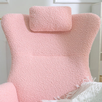 Rocking Chair Nursery, Teddy Upholstered Rocker Glider Chair With High Backrest, Adjustable Headrest & Pocket, Comfy Glider Chair For Nursery, Bedroom