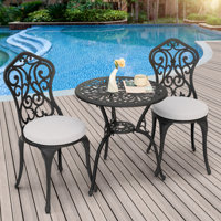 Patio 3-piece Bistro Set With Cushions, Patio Chairs And Outdoor Round Table With Umbrella Hole, Cast Aluminum Patio Set For Lawn, Garden, Porch, Pool by Astoria Grand
