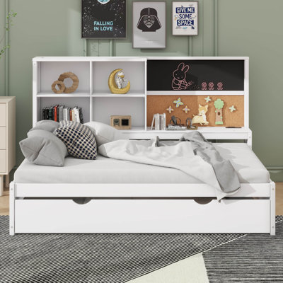 Twin-Size Daybed With Integrated Shelves, Chalkboard Design, And Pull-Out Trundle