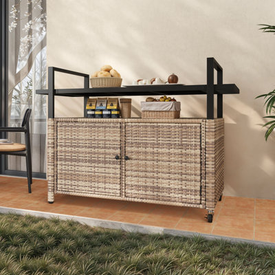 XL Patio Storage Cabinet Outdoor Cabinet Wicker Bar Set Outdoor Bar Cart by Latitude Run