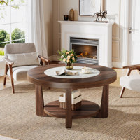 Wood Round Coffee Table With 2-Tier Storage Shelves by Wrought Studio