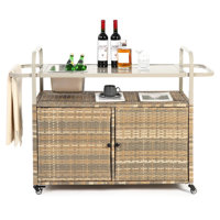 Outdoor Kitchen Island Wicker Bar Table with Wheels and Ice Bucket