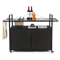 Outdoor Kitchen Island Wicker Bar Table with Wheels and Ice Bucket