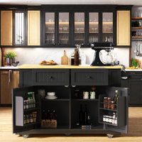 Large Rolling Kitchen Island With Drop Leaf, Power Outlet, Internal Storage Racks, 5 Open Side Racks, 2 Drawers, An Adjustable Shelf by Lark Manor