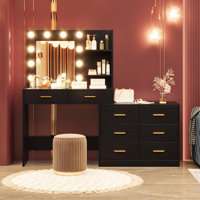 61" Make Up Vanity Desk with Mirror and Lights, 3 Lighting Modes Vanity Organizer with Adjustable Brightness, Vanity with 8 Storage Large Drawer & 2 O by Ebern Designs