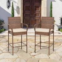 Outdoor Patio Wicker Bar Stools Set Of 2, Pe Wicker Rattan Bar Stools With Removable Cushions, Ergonomic Armrests & Backrest, All-weather Outdoor Bar by Ebern Designs