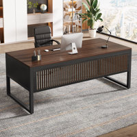 63-Inch Modern Executive Desk for Home Office, Dark Walnut & Black by 17 Stories