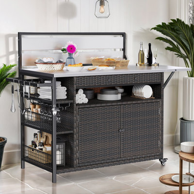 XL Outdoor Bar Table Storage Cabinet With Stainless Steel Extended Table Top Patio Bar Table by Hokku Designs