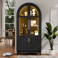 74.8" Tall Arched Storage Cabinet, 5-tier Arched Bookcase With Human Body Sensor, 3 Color Lights Display Cabinet With Glass Door For Living Room Offic by Latitude Run