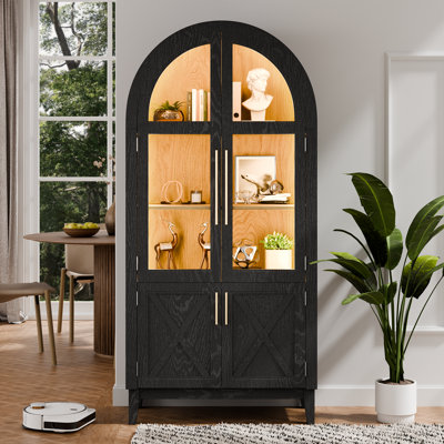 74.8" Tall Arched Storage Cabinet, 5-tier Arched Bookcase With Human Body Sensor, 3 Color Lights Display Cabinet With Glass Door For Living Room Offic