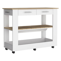 Kitchen Island 36" H, Six Casters, Two Drawers, Two Open Storage Shelves, Towel Hanger, Light Oak by Ebern Designs