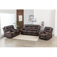 3-Piece Vegan Leather Manual Reclining Living Room Set With Hidden Cupholder by Lark Manor