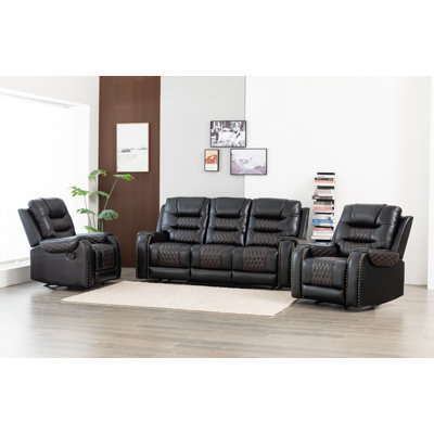 3-Piece Vegan Leather Manual Reclining Living Room Set With Hidden Cupholder