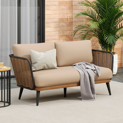 Flynn Patio PE Rattan Loveseat With Iron Frame & Cushions by Bay Isle Home