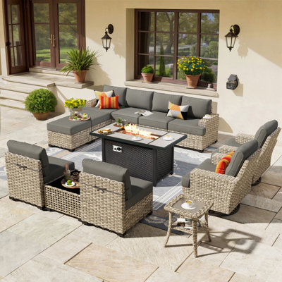 14- Person Rattan Outdoor Seating Group With Swivel Rockers and Fire Pit Table by Latitude Run