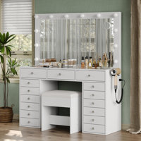 Vanity Desk with Power Outlet, Makeup Vanity with Mirror and 12 LED Lights, 3 Lighting Modes,15 Drawers Vanity Table with Chair, Dressing Table with G by Ebern Designs