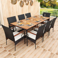 9 Pcs Patio Dining Table Chair Set, 79 In. L Dining Table With Umbrella Hole