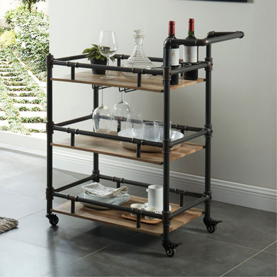 Versatile Industrial-Style Oak Serving Cart With Smooth-Moving Wheels And Abundant Storage by 17 Stories